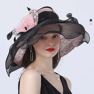 Gauze Flower Wide Brim Organza Hat