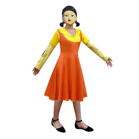 Image of PashaLs Girl Doll Costume - Red/Green Light Game Costume Dress for Girls,Role Playing Orange Dress with Mask